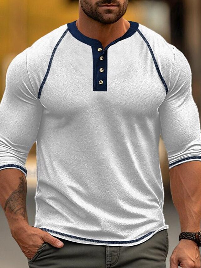 Homens Camiseta Camisa Henley T Shirt Camisa De Manga Longa Bloco De