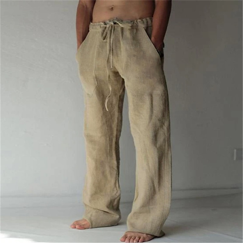 Men's Drawstring Cotton Linen Pants Solid Color Elastic Waist Relaxed-Fit  Casual Loose Beach Plus Size Trousers 