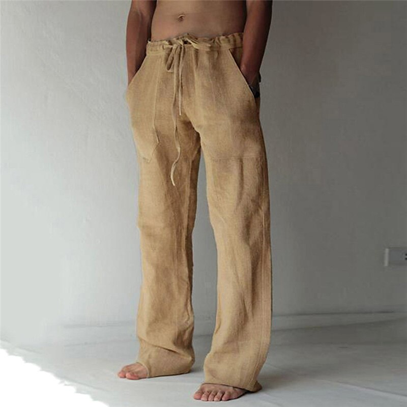 Mens Pants Loose Cotton Linen Straight Pants Elastic Waist Casual