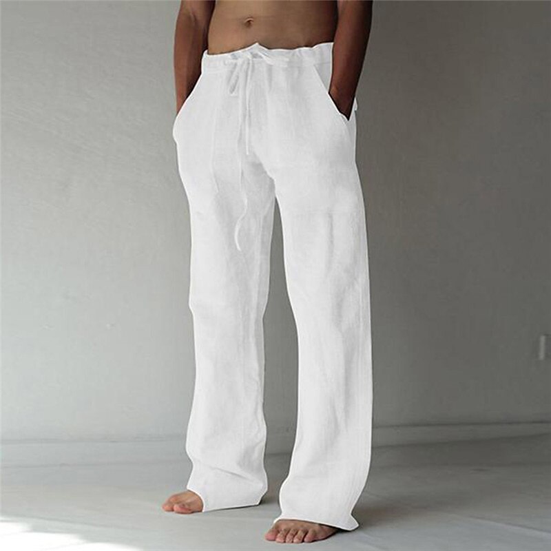 Vedolay Men Pants Mens Pants Men's Loose Casual Solid Color Cotton Linen  Trousers Elastic Tie Printed Straight Pants,Khaki M