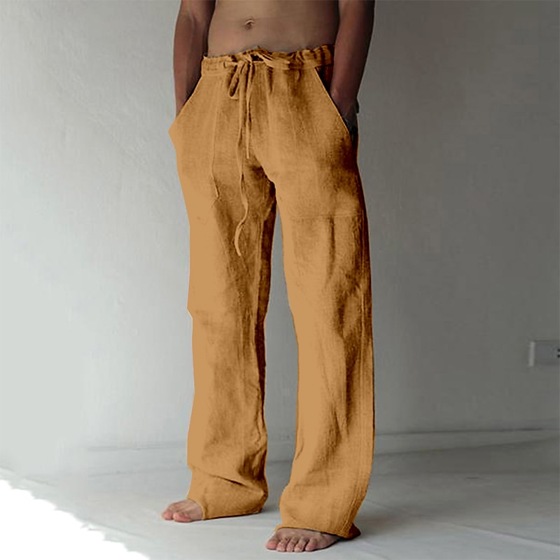 Men's Casual Solid Cotton Linen Trousers Loose High Waist Beach