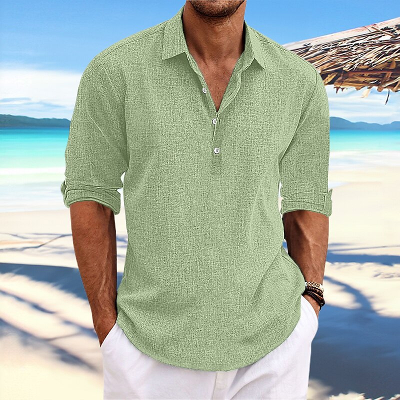 Men's Shirt Linen Shirt Summer Shirt Beach Shirt White Blue Khaki Long  Sleeve Plain Collar Spring & Summer Casual Daily Clothing Apparel