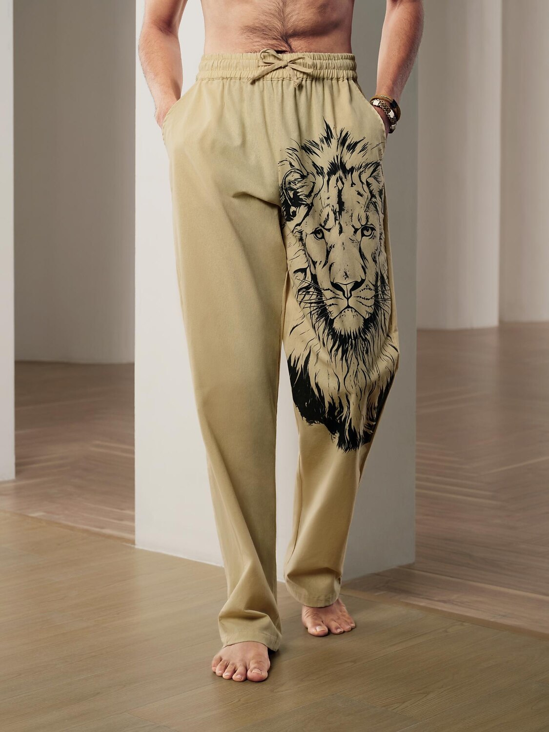 Men's Linen Pants Trousers Beach Pants Drawstring Elastic Waist 3D Print  Animal Lion Graphic Prints Comfort