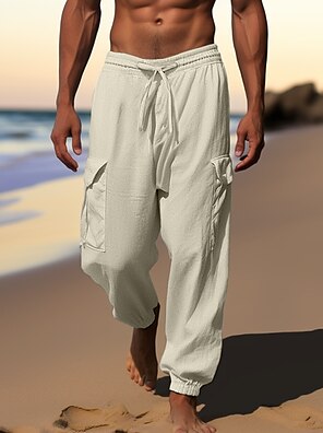 Wavsuf Pants for Men Drawstring Cotton Linen Green Trousers Size 3XL 