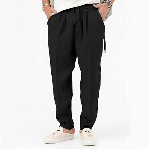 Men's Linen Pants Trousers Summer Pants Beach Pants Drawstring Elastic  Waist Plain Comfort Breathable Casual Daily Holiday Linen / Cotton Blend  Streetwear Desig…