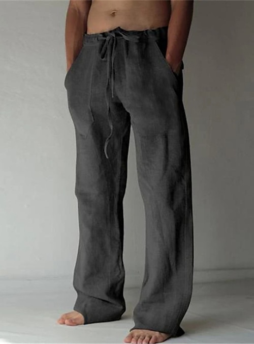 Men's Cotton Linen Pants Summer Solid Color Breathable Linen Trousers Male  Casual Elastic Waist Fitness Pants