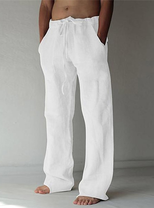 Men's Casual Cotton Linen Look Pants Loose Fit Straight-legs Drawstring  Summer Beach Yoga Elastic Waist Trousers