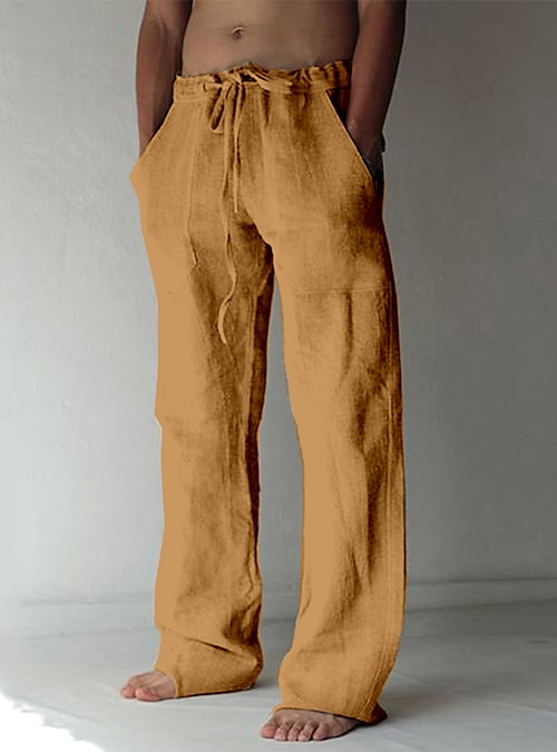 Men's Casual Solid Cotton Linen Trousers Loose High Waist Beach Pants  Fashion | eBay