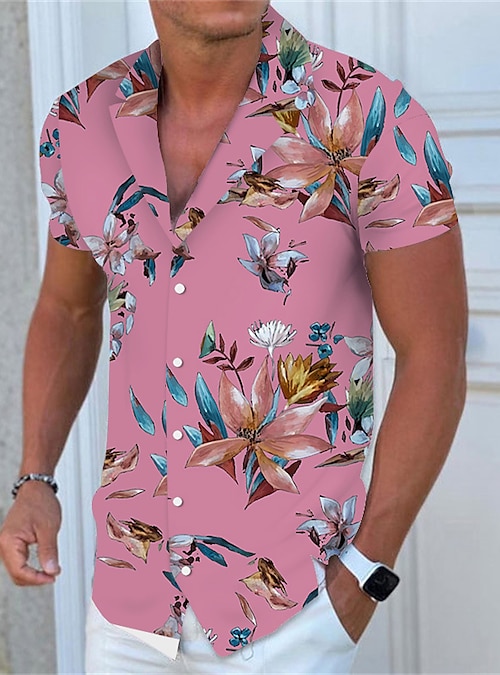 Men's Shirt Summer Hawaiian Shirt Graphic Floral Hawaiian Aloha Design  Turndown Light Yellow Light Pink Black White Light Blue Print Outdoor  Street Short Sleeve Button-Down Clothing Apparel Fashion 2024 - £ 23.37