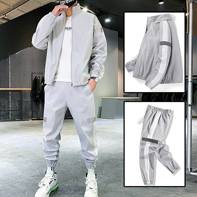  Men's Hiking Windbreaker Hiking Jacket with Pants Long Sleeve Pants / Trousers Bottoms Clothing Suit Outdoor Thermal Warm Windproof Quick Dry Lightweight Autumn / Fall Spring POLY Patchwork Grey
