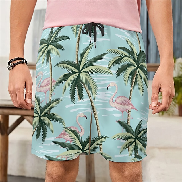  Men's Swim Trunks Swim Shorts Board Shorts Swimwear 3D Print Elastic Drawstring Design Swimsuit Comfort Soft Beach Graphic Patterned Flamingo Coconut Tree Casual Fashion Streetwear Blue / Mid Waist