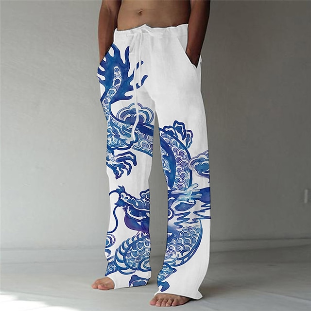  Men's Linen Pants Trousers 3D Print Elastic Drawstring Design Front Pocket Fashion Designer Big and Tall Casual Daily For Vacation Comfort Soft Dragon Graphic Prints Ink Painting 3D Print White