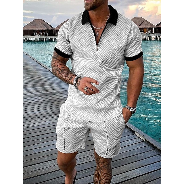  Men's Running T-Shirt With Shorts Polo Collar Zip Graphic Casual Daily Casual Clothing Apparel Hoodies Sweatshirts 