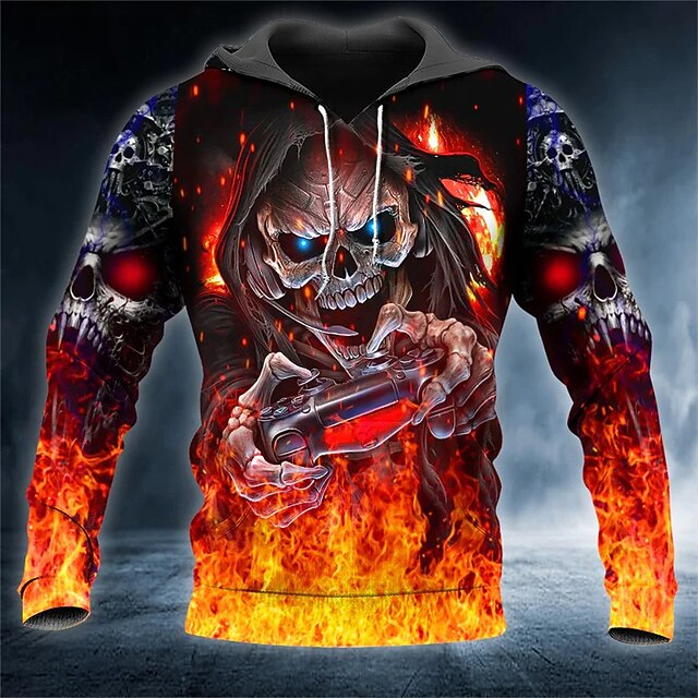 Pull à Capuche Homme Avec Impression Flamme - Sweat à Capuche Tendance, Manches Longues, Pour L'automne Et L'hiver