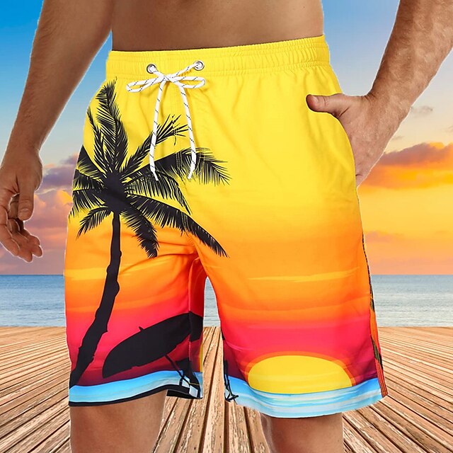  Men's Swim Shorts Swim Trunks Bermuda shorts Board Shorts Beach Shorts Drawstring Elastic Waist 3D Print Graphic Plants Breathable Soft Short Casual Daily Holiday Boho Streetwear Yellow Blue