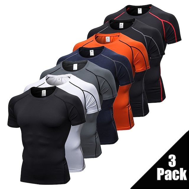  Arsuxeo Men's 3 Pack Base Layer Compression Shirt Short Sleeve Running Shirt Top Athletic Spandex Breathable Quick Dry Sweat Wicking High Elasticity Running Jogging Training Sportswear Activewear