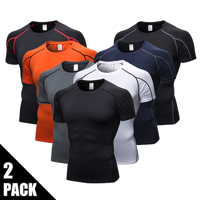  Arsuxeo Men's 2 Pack Base Layer Compression Shirt Short Sleeve Running Shirt Top Athletic Spandex Breathable Quick Dry Sweat Wicking High Elasticity Running Jogging Training Sportswear Activewear