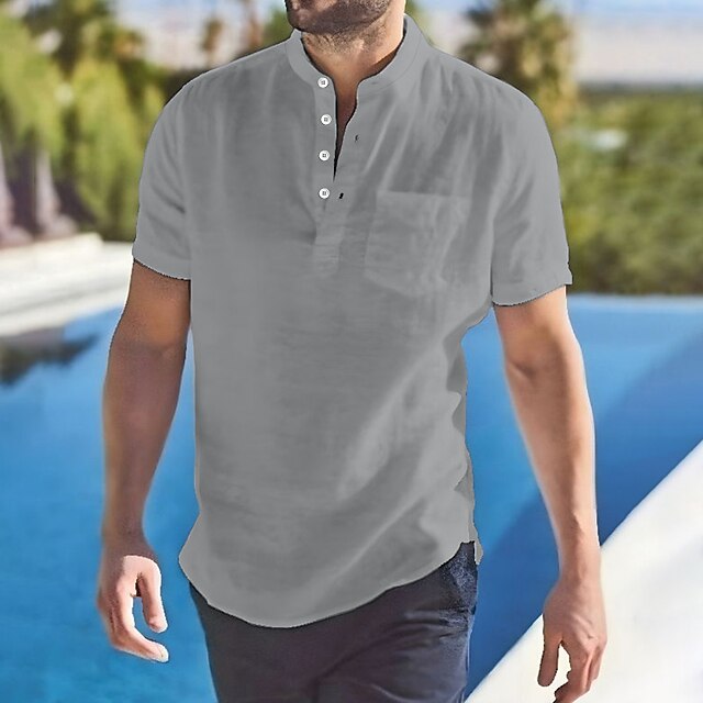  Men's Linen Shirt Summer Shirt Beach Shirt Black White Light Green Short Sleeve Solid Color Stand Collar Spring, Fall, Winter, Summer Outdoor Casual Clothing Apparel Button-Down