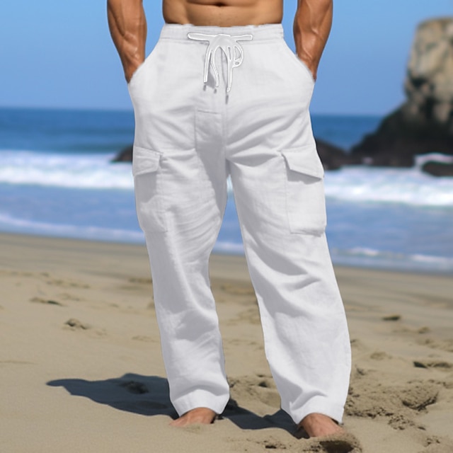 Linnen broek voor heren, zomer, casual strandbroek, licht, met trekkoord, Zwart, L