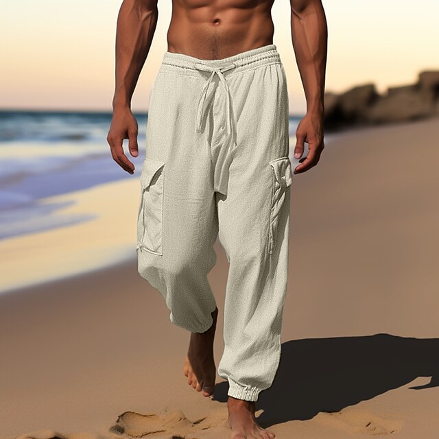 Pantalon Homme Ample En Lin Et Polyester - Coupe Droite, Taille élastique, Style Cargo Classique