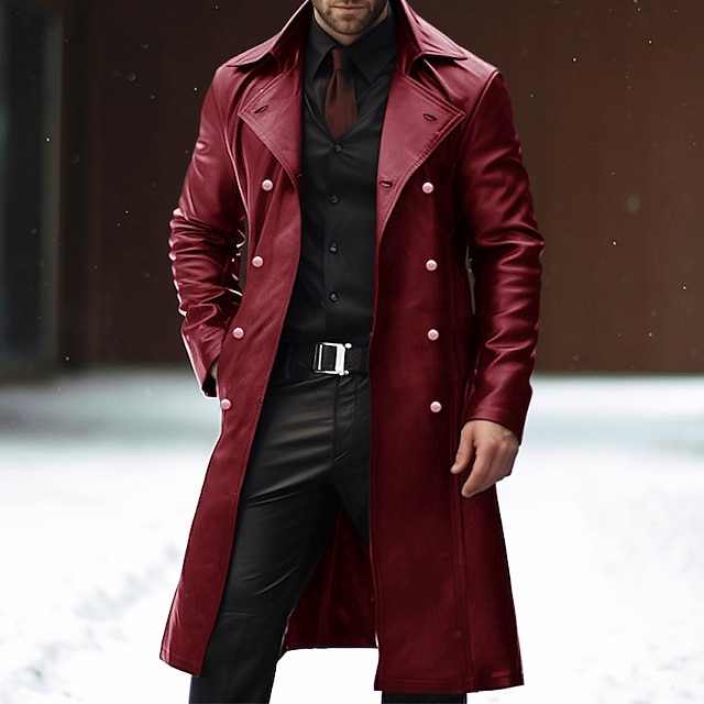 Men's Faux Leather Jacket Winter Coat Peacoat Trench Coat Office