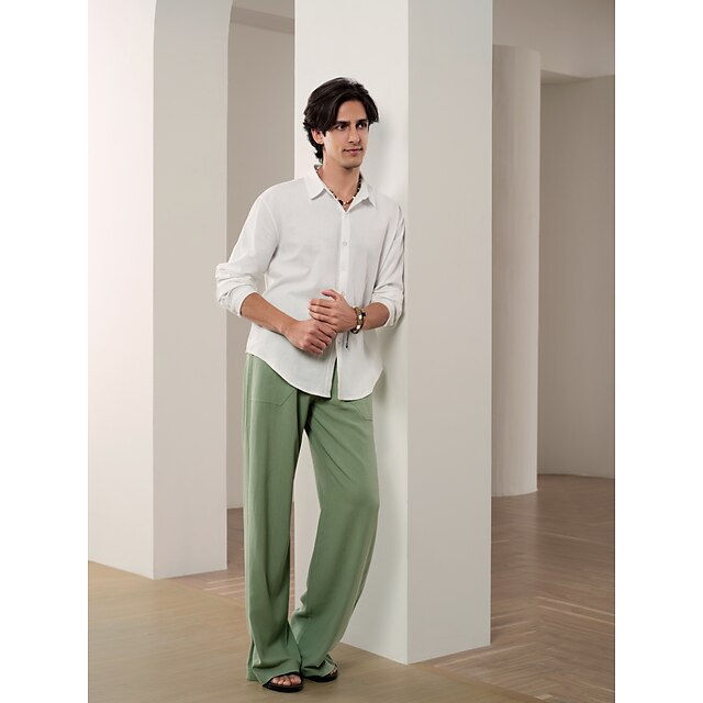 Men's 40% Linen Pants Linen Trousers Baggy Beach Pants Elastic Drawstring  Design Front Pocket Solid Brown Green Color Comfort Soft Yoga Daily Fashion  Streetwear 2024 - $30.9