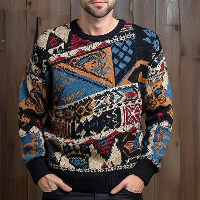 Pull Homme Vintage Tricoté Motif Abstrait - Taille M - Couleur Grise - Occasion Très Bon état
