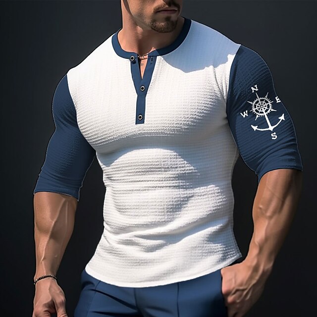 Graphic Brújula Moda Design Casual Hombre Impresión 3d Henley Shirt Camiseta De Gofres Deporte 6849