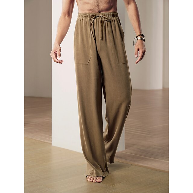 Men's 40% Linen Pants Linen Trousers Baggy Beach Pants Elastic Drawstring  Design Front Pocket Solid Brown Green Color Comfort Soft Yoga Daily Fashion  Streetwear 2024 - $30.9