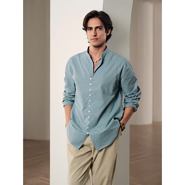  55% Linen Print Men's Linen Shirt Shirt Blue Gray Long Sleeve Graphic Prints Anchor Stand Collar Summer Spring Outdoor Street Clothing Apparel