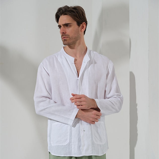  100% Linen Pocket Men's Shirt Linen Shirt Black White Dark Blue Long Sleeve Plain Lapel Spring &  Fall Outdoor Daily Clothing Apparel