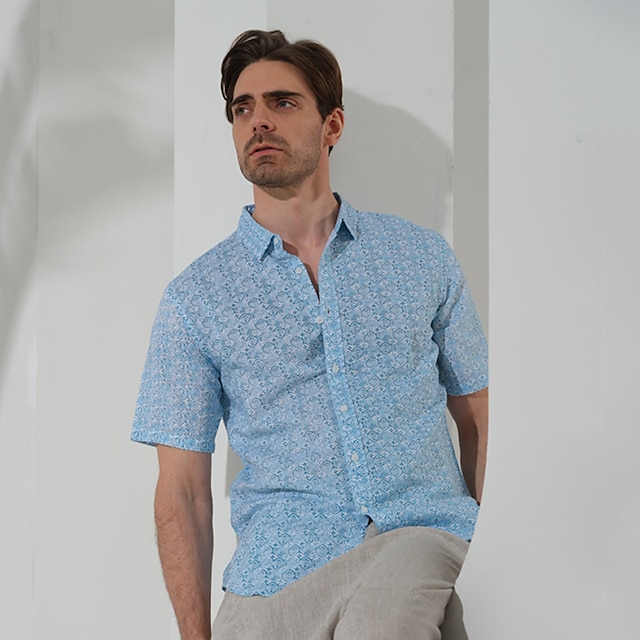  100% Linen Men's Shirt Linen Shirt Beach Shirt Blue Short Sleeve Argyle Lapel Summer Outdoor Daily Clothing Apparel