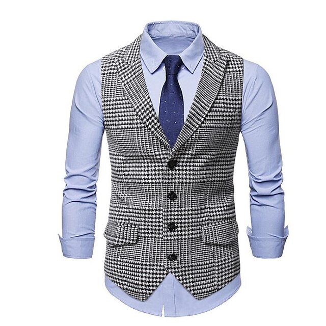  Men's Gilet Casual Daily Traditional Spring Autumn Basic Terylene Casual / Daily Houndstooth Single Breasted Closure collar Form Fit Black Vest