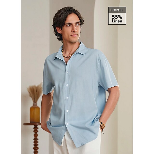 Chemise en lin manches longues col officier bleu ciel - Le Grenier du Lin