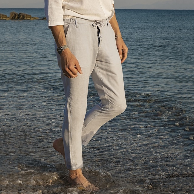  Men's Linen Pants Summer Pants Drawstring Front Pocket Plain Comfort Breathable Casual Daily Holiday Linen Cotton Blend Fashion Basic White Sky Blue