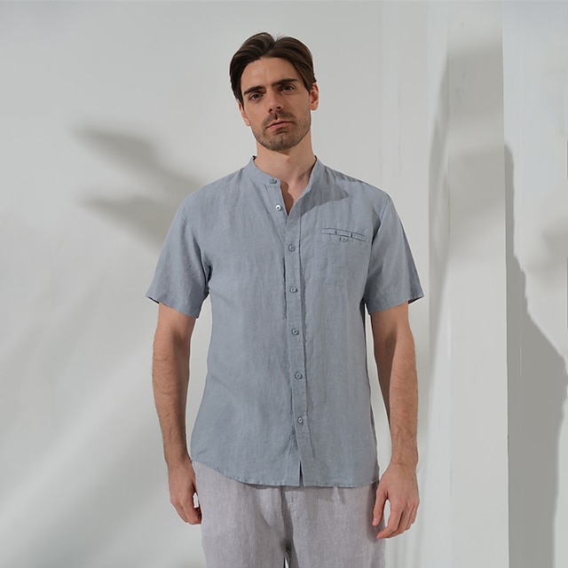  100% Linen Front Pocket Men's Shirt Linen Shirt White Dark Navy Blue Short Sleeve Plain Standing Collar Summer Outdoor Daily Clothing Apparel