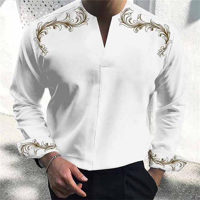  Scroll Grass Pattern Men‘s Business Italian Style 3D Printed Henley Shirt Daily Wear Going out Spring & Summer V Neck Long Sleeve Black, White, Pink S, M, L 4-Way Stretch Fabric Shirt