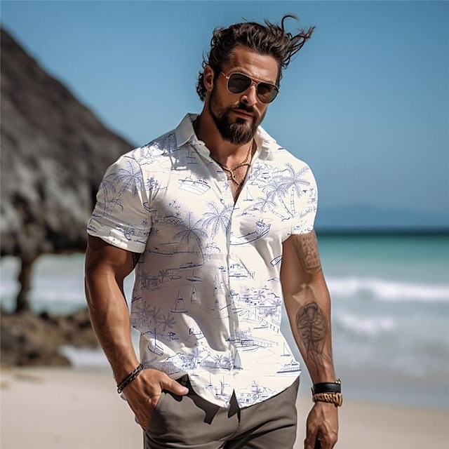  Palm Tree Men's Resort Hawaiian 3D Printed Shirt Button Up Short Sleeve Summer Beach Shirt Vacation Daily Wear S TO 3XL