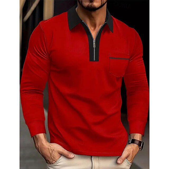  Men's Polo Shirt Quarter Zip Polo Work Daily Wear Lapel Long Sleeve Fashion Comfortable Color Block Pocket Zip Up Spring &  Fall Regular Fit Black White Red Navy Blue Blue Beige Polo Shirt