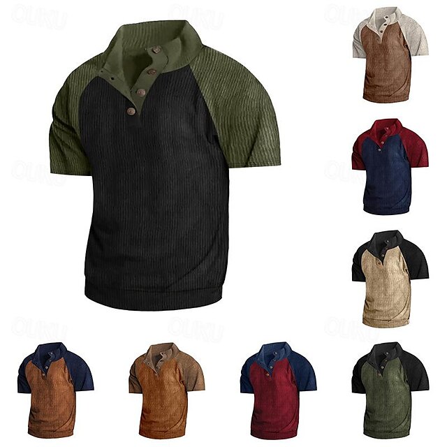  Men's Corduroy Shirt Henley Shirt Tee Top Color Block Henley Street Vacation Short Sleeves Patchwork Clothing Apparel Vintage Designer Basic