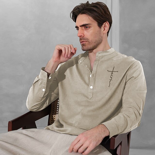 55% Linho Bordado Homens Camisa Social camisa de linho Cáqui Manga ...