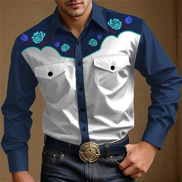  Rose Men's Vintage Western style 3D Printed Shirt Daily Wear Going out Weekend Spring Turndown Long Sleeve Burgundy, Dark Navy, Brown S, M, L 4-Way Stretch Fabric Western Shirt