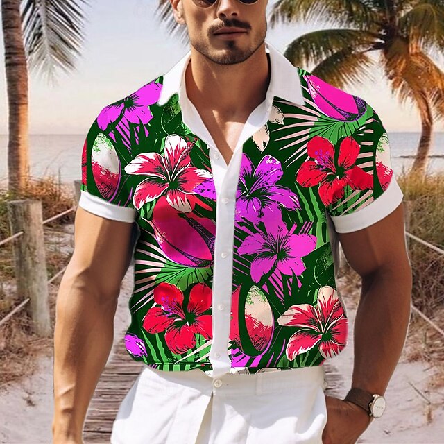 Floral casual men s resort hawaiian 3d printed shirt button up short