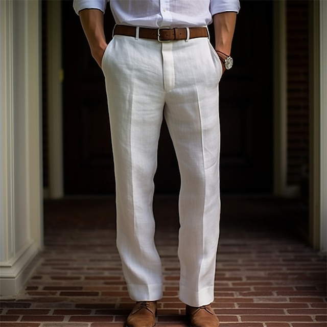  Men's Linen Pants Trousers Summer Pants Button Front Pocket Straight Leg Plain Comfort Breathable Casual Daily Holiday Linen Cotton Blend Fashion Basic Black White