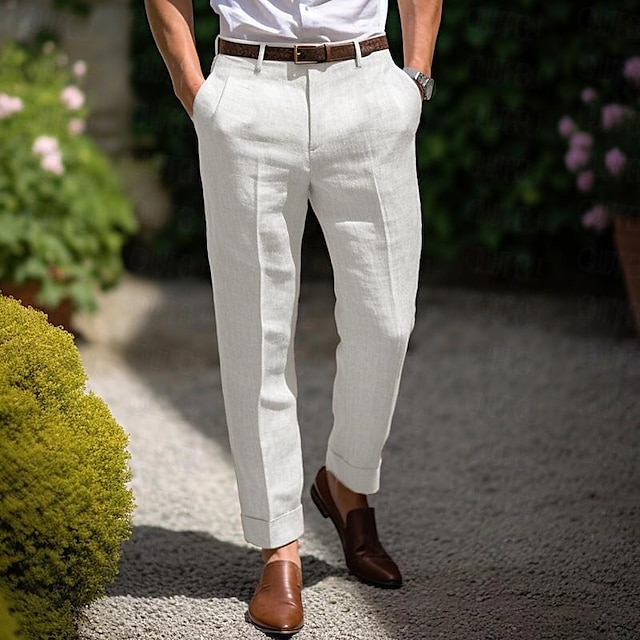 Men's Linen Pants Trousers Summer Pants Zipper Button Pocket Plain Comfort Breathable Outdoor Daily Going out Linen Cotton Blend Fashion Casual White Blue