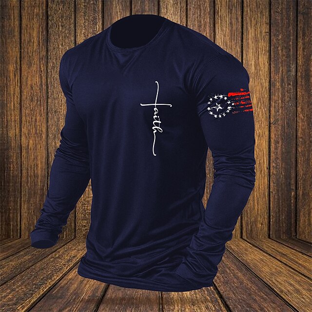  American Flag Faith Printed Men's Graphic Cotton T Shirt Vintage Basic Shirt Long Sleeve Comfortable Tee Sports Outdoor Holiday Spring Fall Fashion Designer Clothing