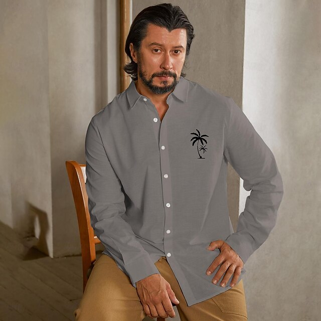  55% Linen Men's Linen Shirt Shirt Button Up Shirt Beach Shirt White Gray Long Sleeve Coconut Tree Lapel Spring &  Fall Outdoor Daily Clothing Apparel