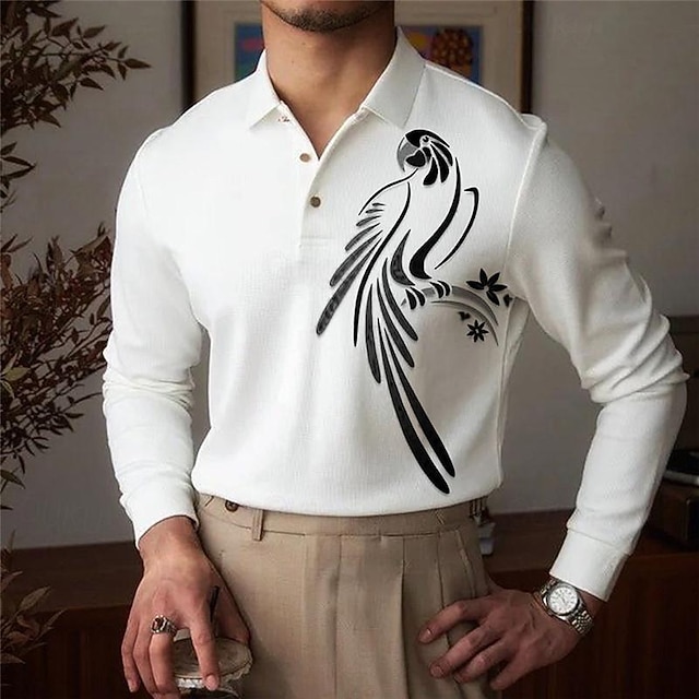 Parrot Men's Business Casual 3D Print Waffle Polo Shirt Outdoor Wear to