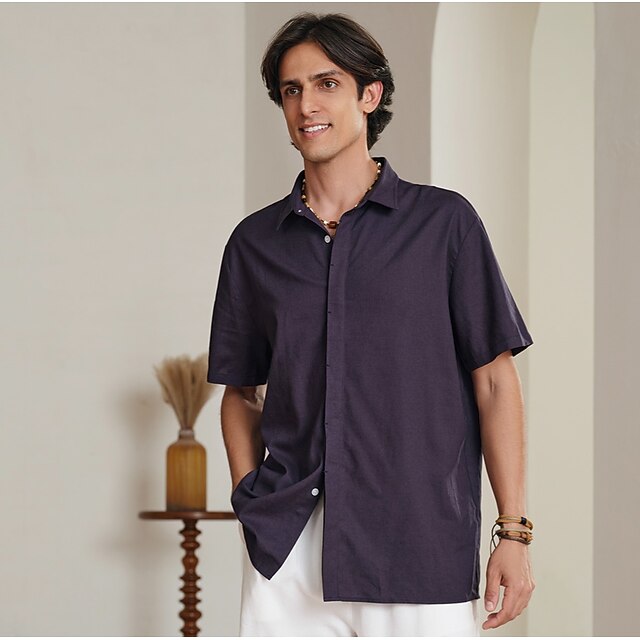 Men's Linen Shirt Casual Shirt Summer Shirt Henley Shirt Black White Wine Short Sleeve Plain V Neck Summer Casual Daily Clothing Apparel