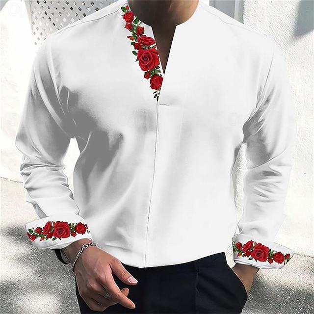  Valentine's Day  Red Rose Men's Casual 3D printed Henley Shirt Daily Wear Going out Spring & Summer V Neck Long Sleeve Black, White, Pink S, M, L 4-Way Stretch